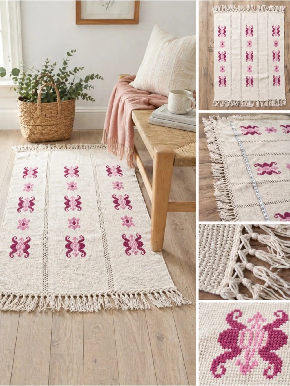 Handmade Crochet Throw Blanket Cream Pink Fringe Boho Cottage Anthro Afghan